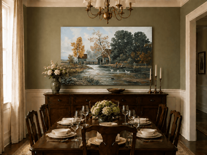 Unframed hand-painted autumn river mill oil painting with a boat and swans on the water displayed above a formal dining table.