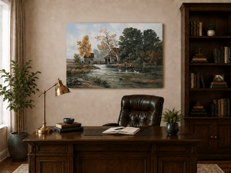 Unframed hand-painted autumn river mill oil painting with a boat and swans on the water displayed above a traditional home office desk.