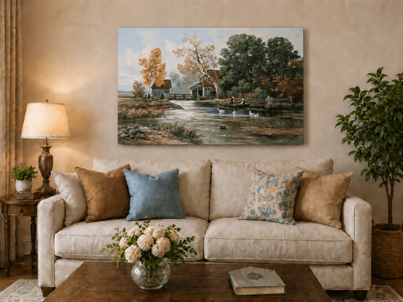 Unframed hand-painted autumn river mill oil painting with a boat and swans on the water displayed above a neutral living room sofa.