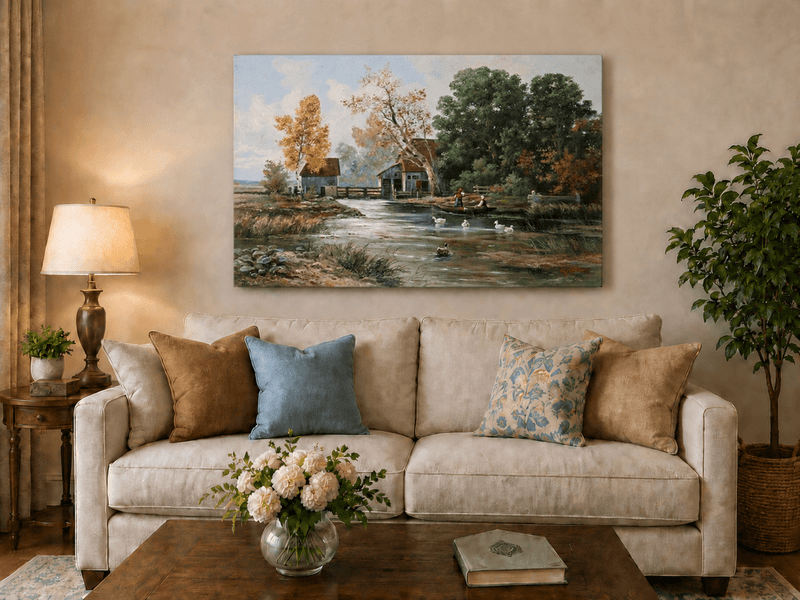 Unframed hand-painted autumn river mill oil painting with a boat and swans on the water displayed above a neutral living room sofa.