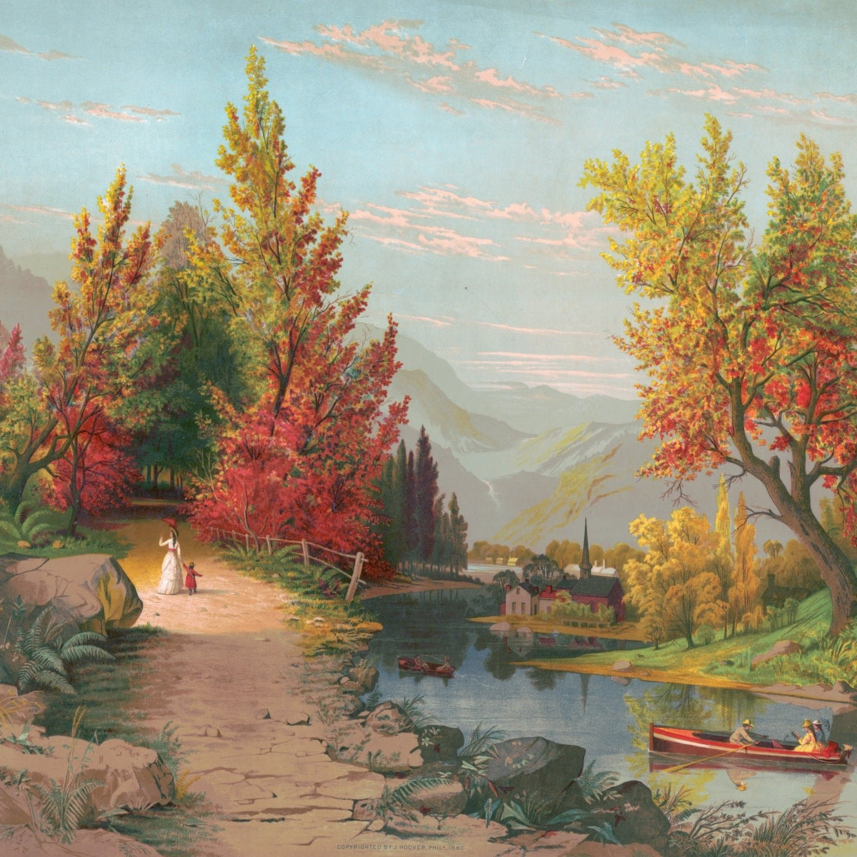 Autumn River Path with Village, Figures – Landscape Oil Painting - Oil Painting Haven