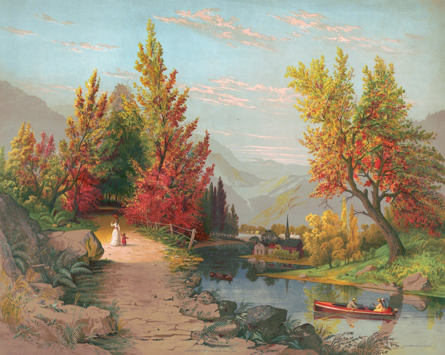 Autumn River Path with Village, Figures – Landscape Oil Painting - Oil Painting Haven