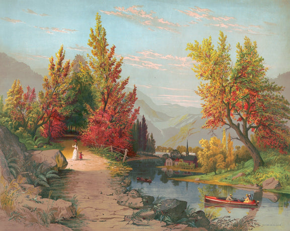 Autumn River Path with Village, Figures – Landscape Oil Painting - Oil Painting Haven