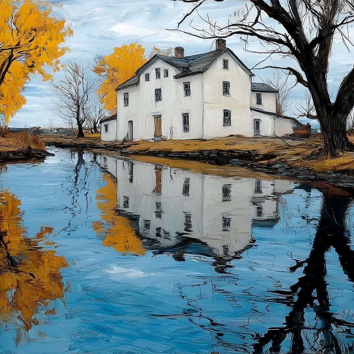 Autumn River White House Original Oil Painting For Sale - Oil Painting Haven