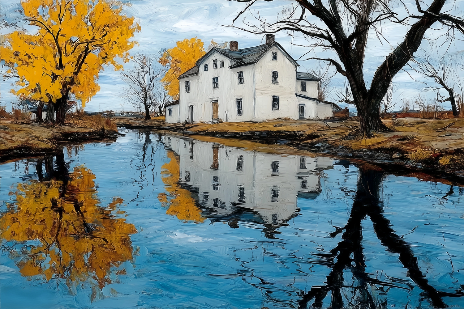 Autumn River White House Original Oil Painting For Sale - Oil Painting Haven