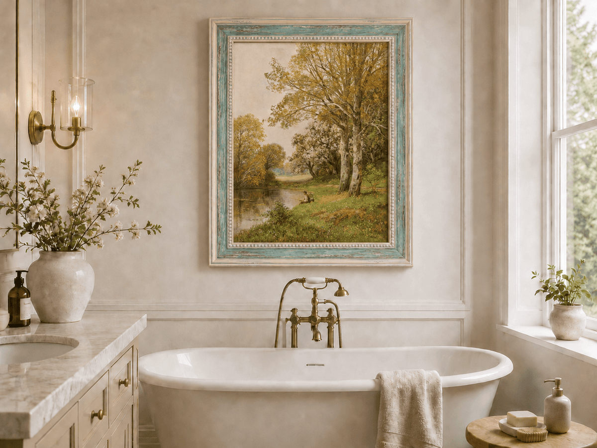 Framed hand-painted autumn riverside oil painting with a seated figure beneath birch trees displayed above a freestanding bathtub.