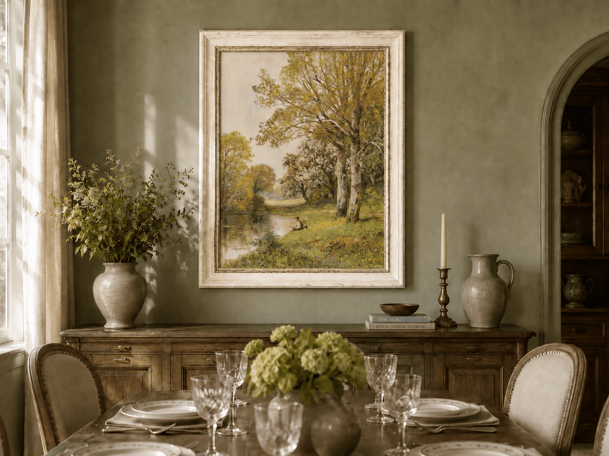 Framed hand-painted autumn riverside oil painting with a seated figure beneath birch trees displayed above a formal dining table.