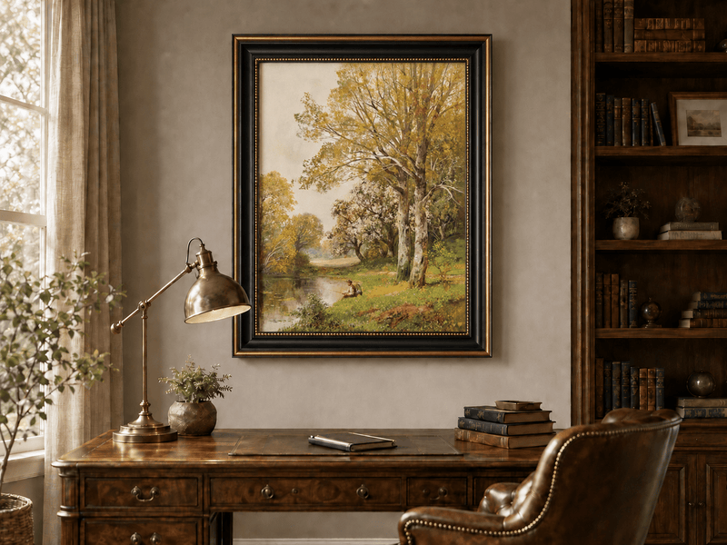 Framed hand-painted autumn riverside oil painting with a seated figure beneath birch trees displayed above a traditional home office desk.