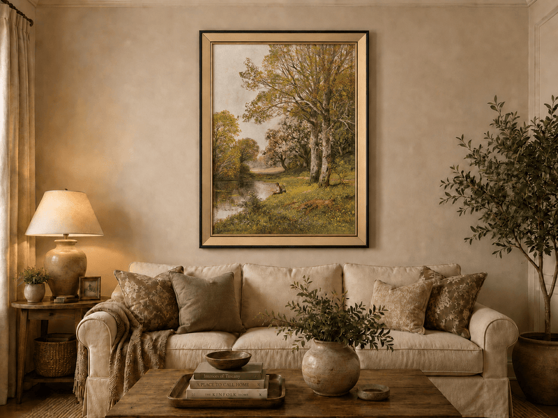 Framed hand-painted autumn riverside oil painting with a seated figure beneath birch trees displayed above a neutral living room sofa.