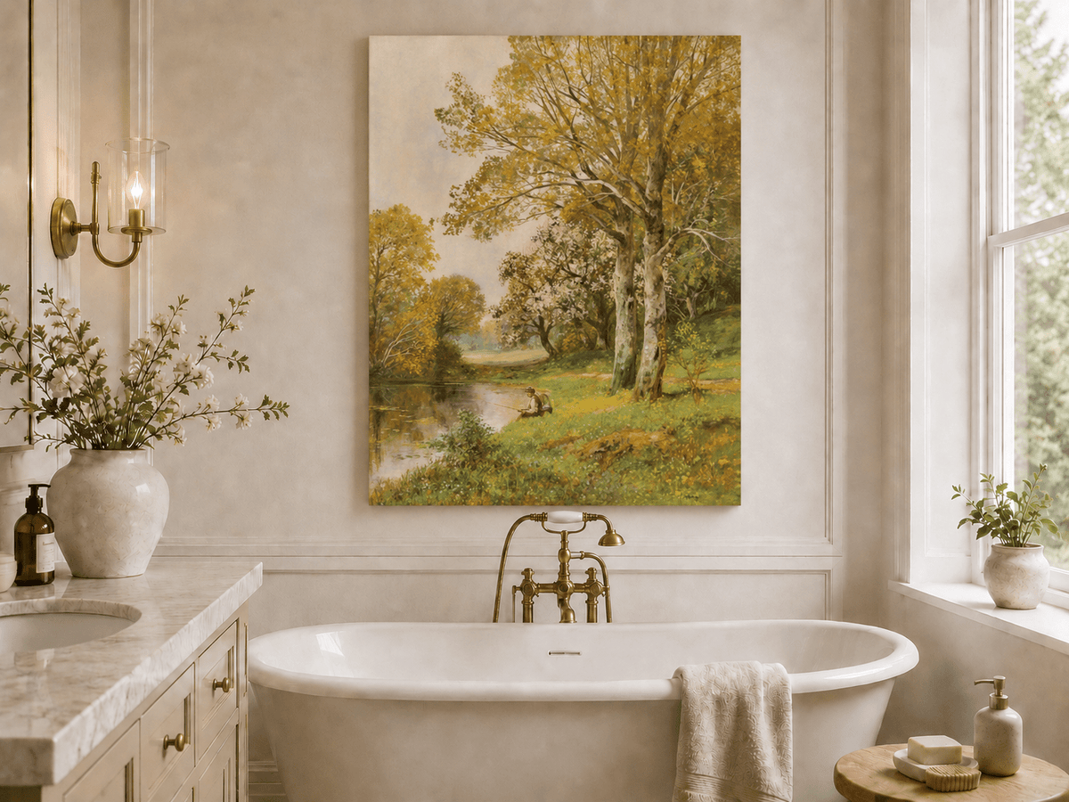 Unframed hand-painted autumn riverside oil painting with a seated figure beneath birch trees displayed above a freestanding bathtub.