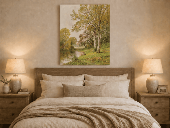 Unframed hand-painted autumn riverside oil painting with a seated figure beneath birch trees displayed above a wooden bed in a neutral bedroom.
