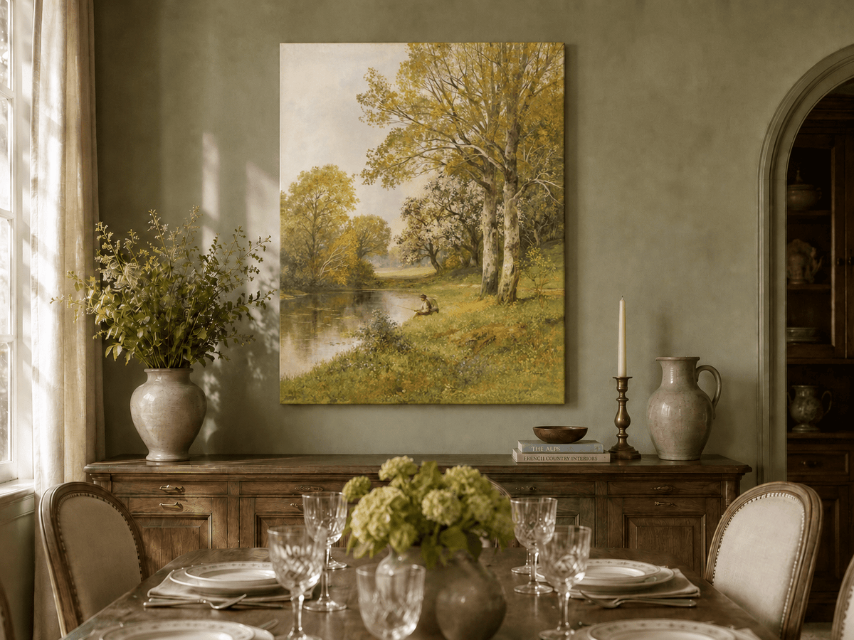 Unframed hand-painted autumn riverside oil painting with a seated figure beneath birch trees displayed above a formal dining table.