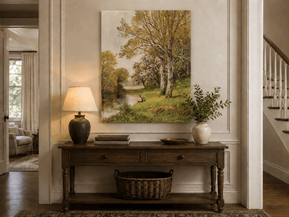 Unframed hand-painted autumn riverside oil painting with a seated figure beneath birch trees displayed above an entryway console table.