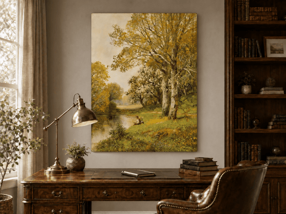 Unframed hand-painted autumn riverside oil painting with a seated figure beneath birch trees displayed above a traditional home office desk.
