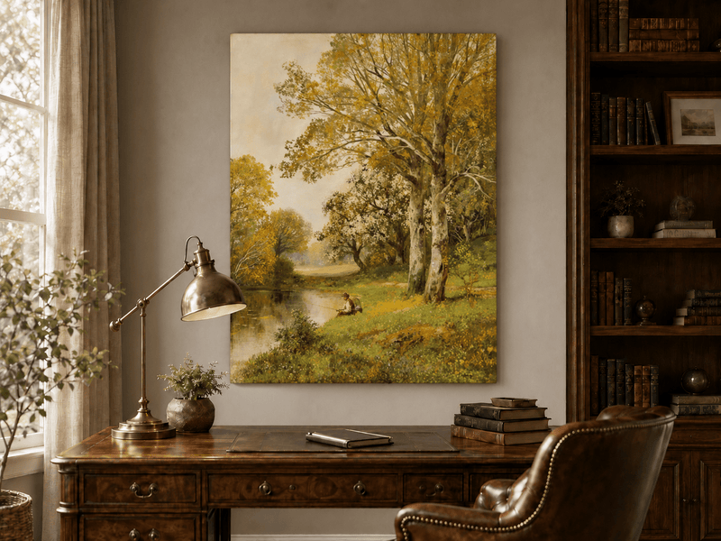 Unframed hand-painted autumn riverside oil painting with a seated figure beneath birch trees displayed above a traditional home office desk.