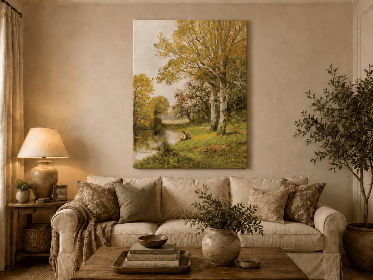 Unframed hand-painted autumn riverside oil painting with a seated figure beneath birch trees displayed above a neutral living room sofa.