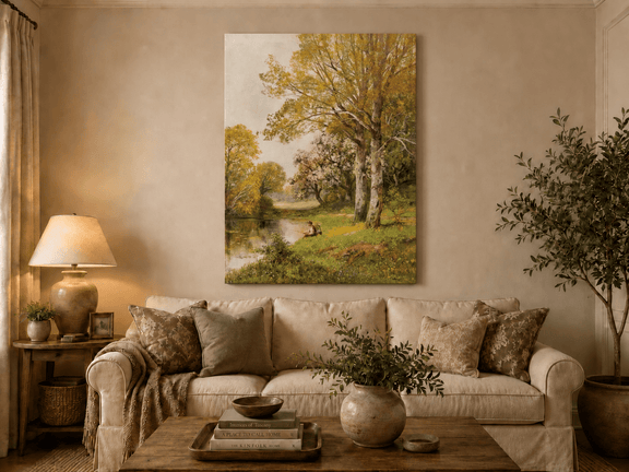 Unframed hand-painted autumn riverside oil painting with a seated figure beneath birch trees displayed above a neutral living room sofa.