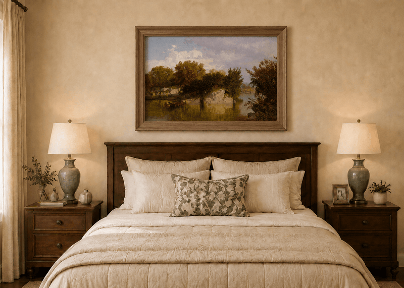 Framed hand-painted autumn river oil painting with golden trees, a rocky bank and reflections displayed above a wooden bed in a neutral bedroom.
