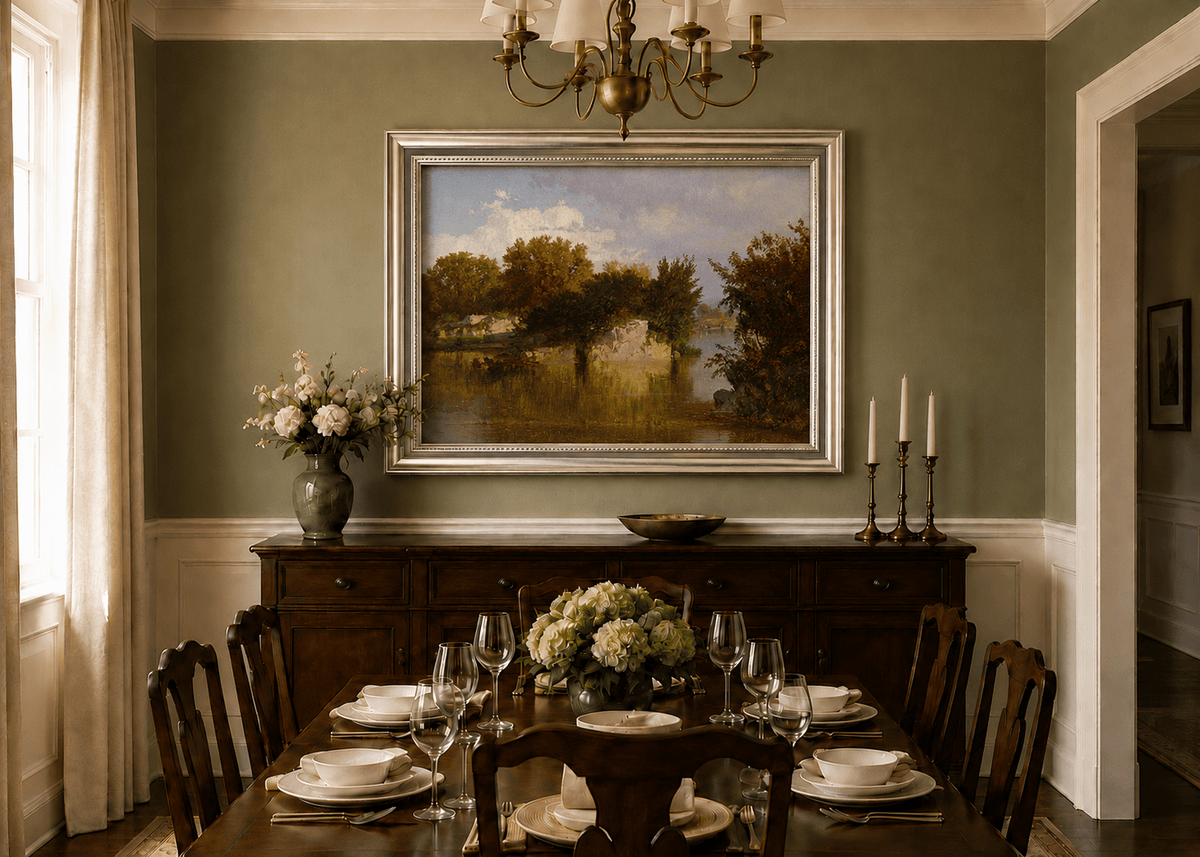 Framed hand-painted autumn river oil painting with golden trees, a rocky bank and reflections displayed above a formal dining table.