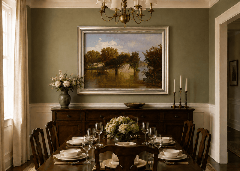 Framed hand-painted autumn river oil painting with golden trees, a rocky bank and reflections displayed above a formal dining table.