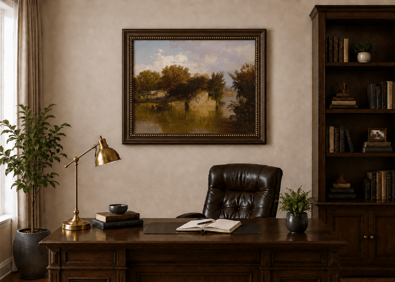 Framed hand-painted autumn river oil painting with golden trees, a rocky bank and reflections displayed above a traditional home office desk.