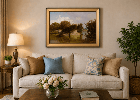 Framed hand-painted autumn river oil painting with golden trees, a rocky bank and reflections displayed above a neutral living room sofa.