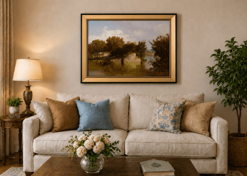 Framed hand-painted autumn river oil painting with golden trees, a rocky bank and reflections displayed above a neutral living room sofa.