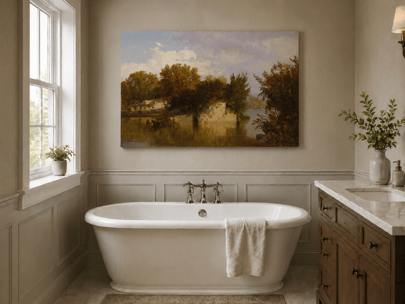 Unframed hand-painted autumn river oil painting with golden trees, a rocky bank and reflections displayed above a freestanding bathtub.