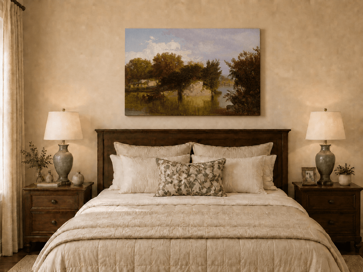Unframed hand-painted autumn river oil painting with golden trees, a rocky bank and reflections displayed above a wooden bed in a neutral bedroom.