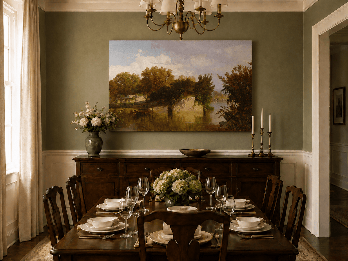 Unframed hand-painted autumn river oil painting with golden trees, a rocky bank and reflections displayed above a formal dining table.