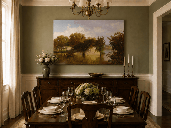 Unframed hand-painted autumn river oil painting with golden trees, a rocky bank and reflections displayed above a formal dining table.