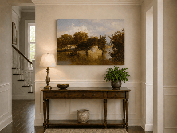 Unframed hand-painted autumn river oil painting with golden trees, a rocky bank and reflections displayed above an entryway console table.