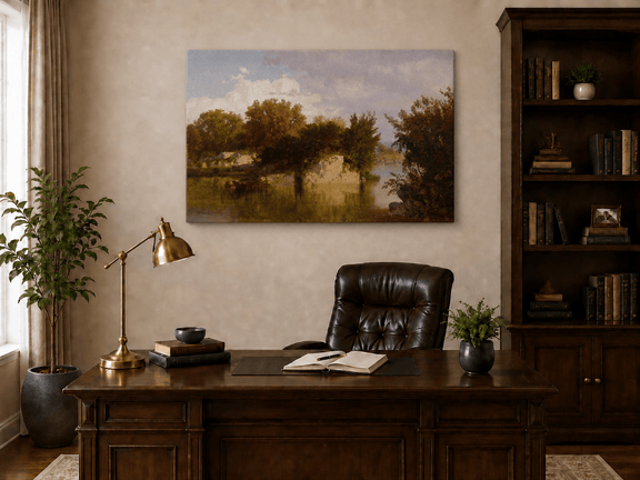 Unframed hand-painted autumn river oil painting with golden trees, a rocky bank and reflections displayed above a traditional home office desk.