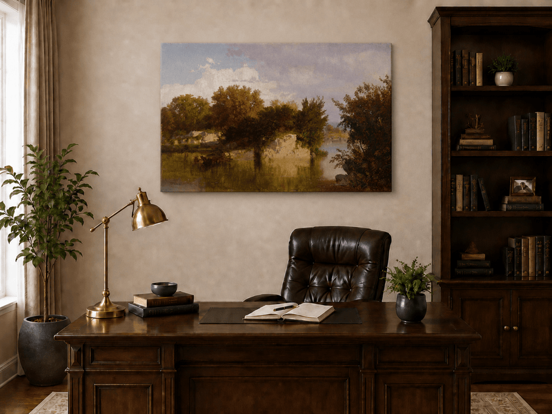 Unframed hand-painted autumn river oil painting with golden trees, a rocky bank and reflections displayed above a traditional home office desk.