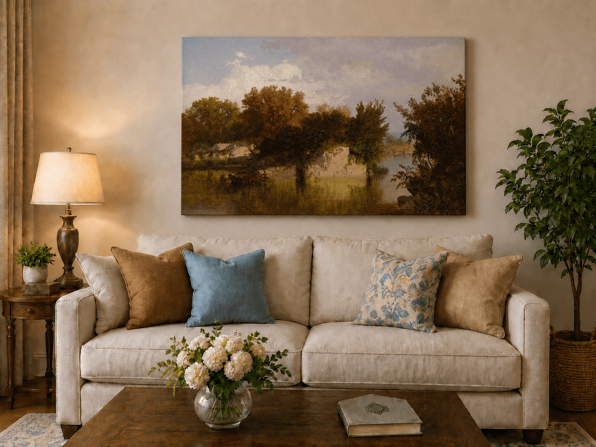 Unframed hand-painted autumn river oil painting with golden trees, a rocky bank and reflections displayed above a neutral living room sofa.