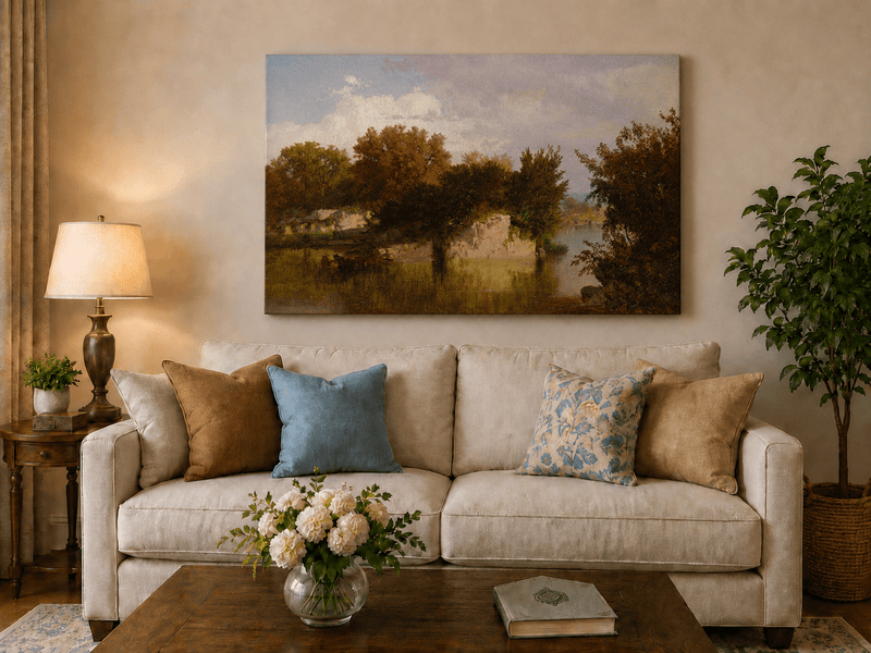 Unframed hand-painted autumn river oil painting with golden trees, a rocky bank and reflections displayed above a neutral living room sofa.