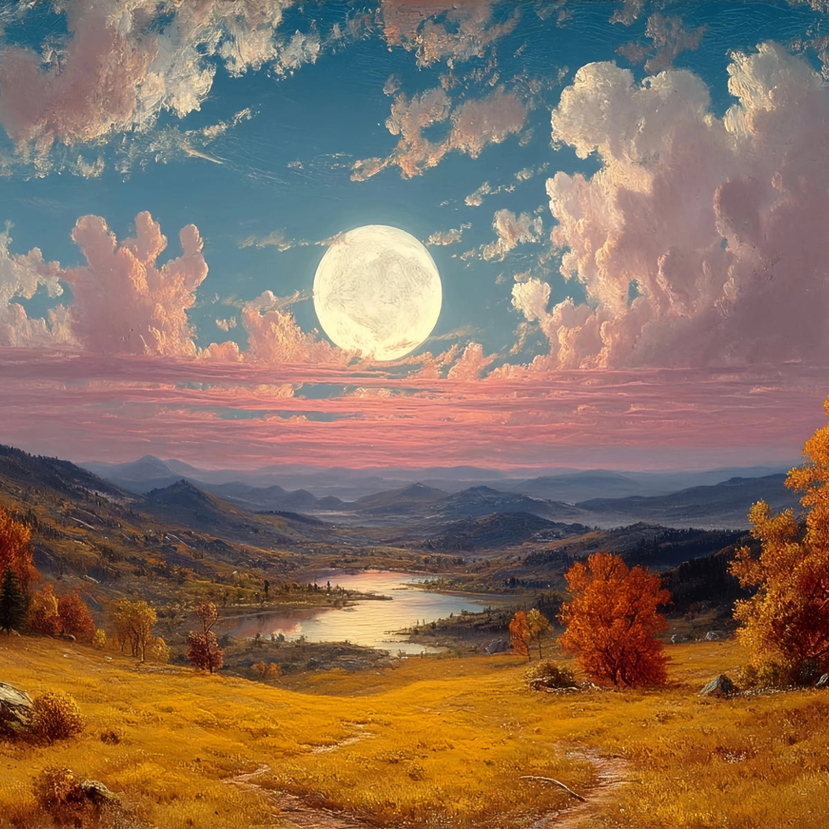 Autumn Valley Moon Lake Original Oil Painting For Sale - Oil Painting Haven