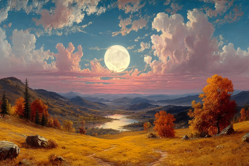 Autumn Valley Moon Lake Original Oil Painting For Sale - Oil Painting Haven