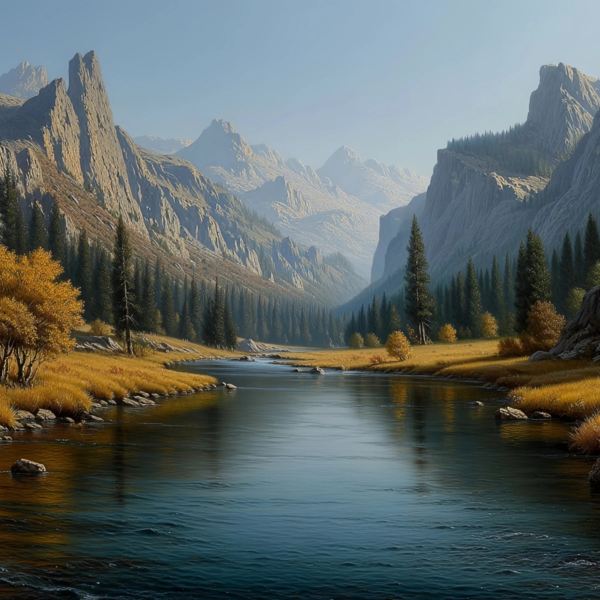 Autumn Valley River Original Oil Painting For Sale - Oil Painting Haven