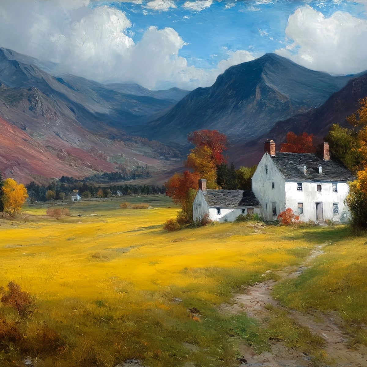 Autumn Valley White Houses Original Oil Painting For Sale - Oil Painting Haven