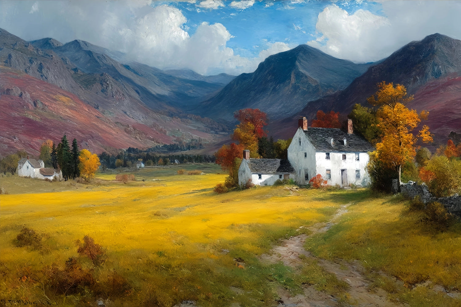 Autumn Valley White Houses Original Oil Painting For Sale - Oil Painting Haven