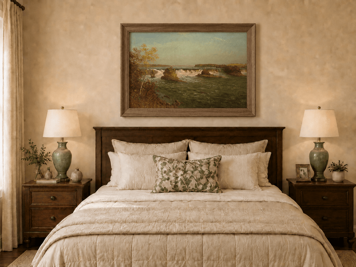 Framed hand-painted autumn waterfall oil painting with rocky islands and a broad river displayed above a wooden bed in a neutral bedroom.