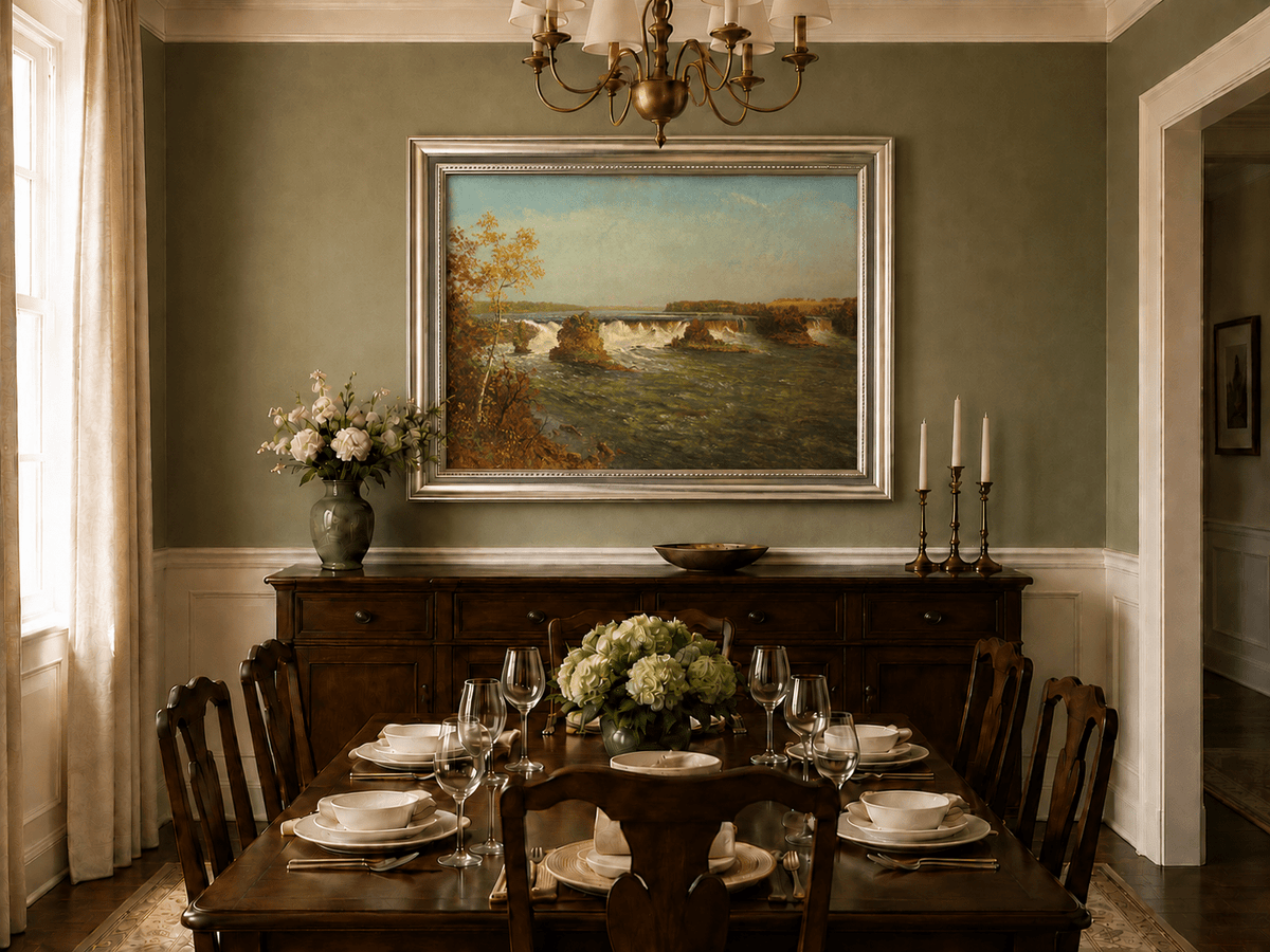 Framed hand-painted autumn waterfall oil painting with rocky islands and a broad river displayed above a formal dining table.