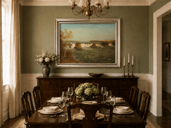 Framed hand-painted autumn waterfall oil painting with rocky islands and a broad river displayed above a formal dining table.