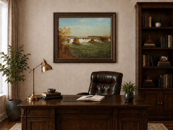 Framed hand-painted autumn waterfall oil painting with rocky islands and a broad river displayed above a traditional home office desk.