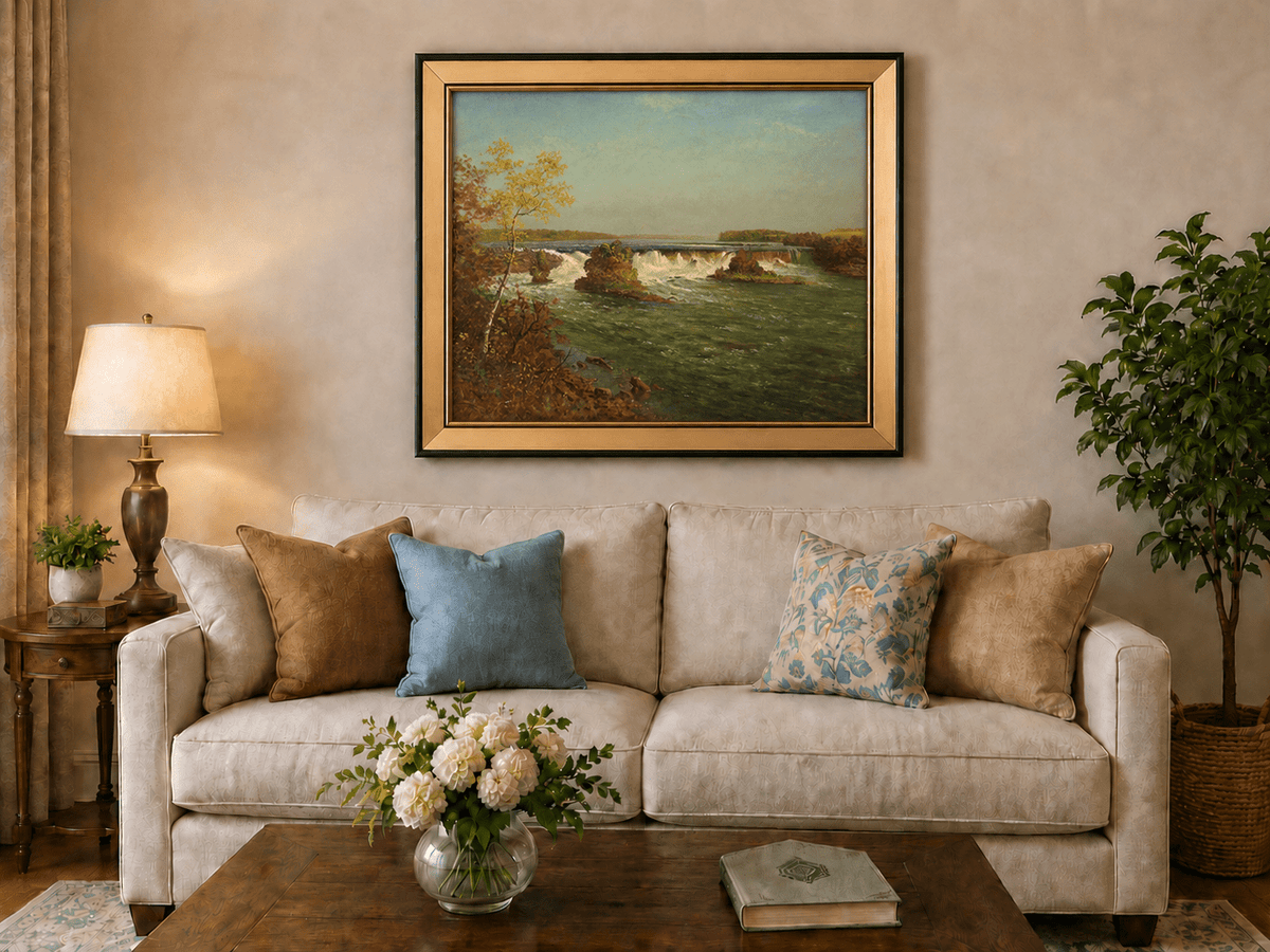 Framed hand-painted autumn waterfall oil painting with rocky islands and a broad river displayed above a neutral living room sofa.