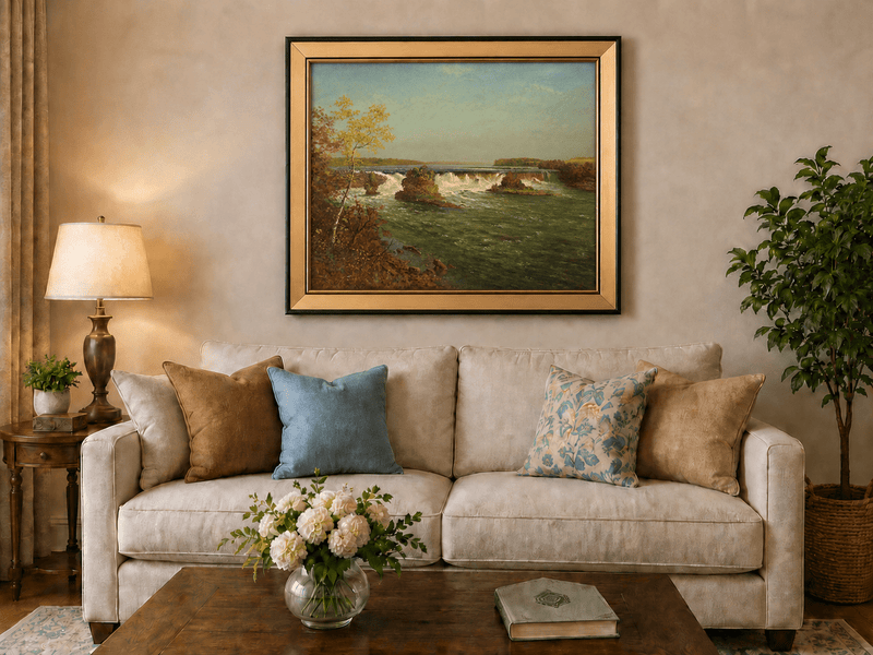 Framed hand-painted autumn waterfall oil painting with rocky islands and a broad river displayed above a neutral living room sofa.
