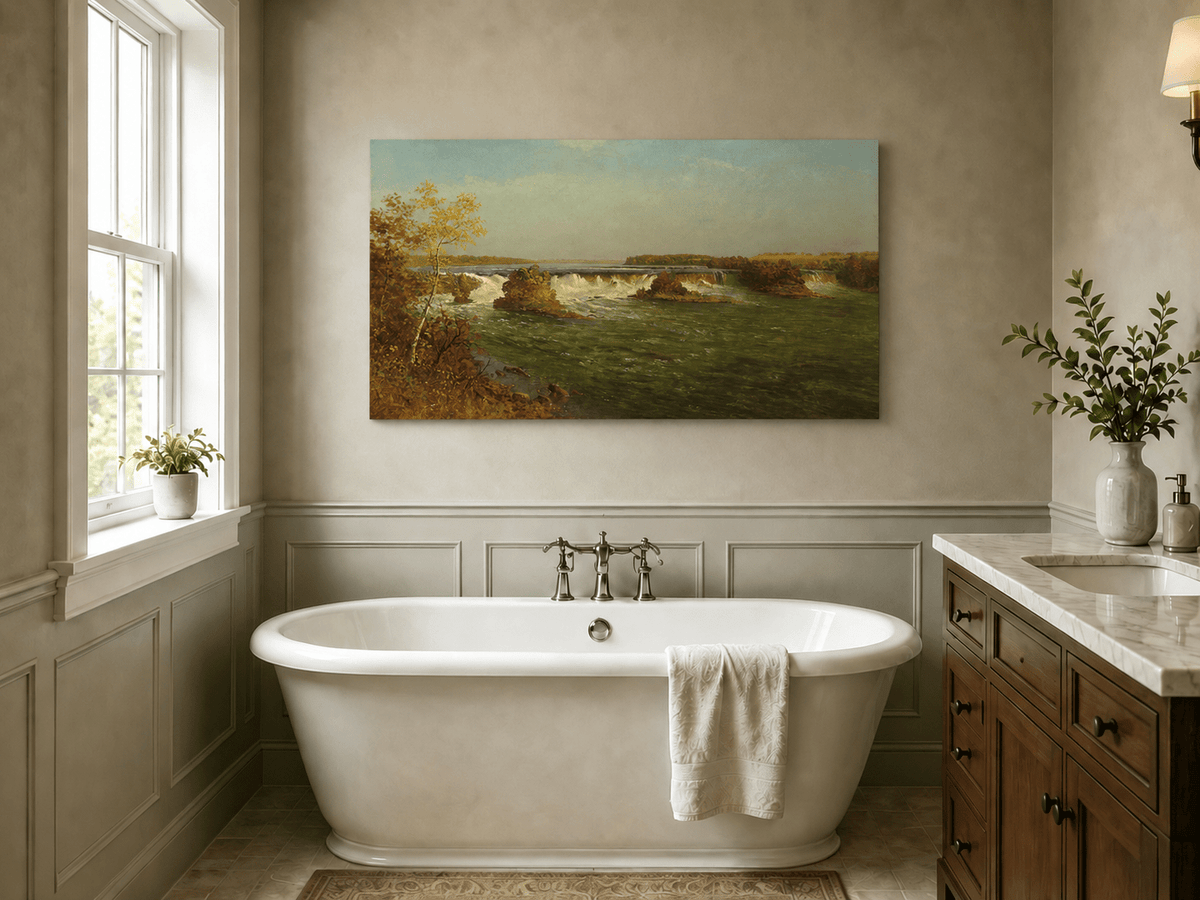 Unframed hand-painted autumn waterfall oil painting with rocky islands and a broad river displayed above a freestanding bathtub.