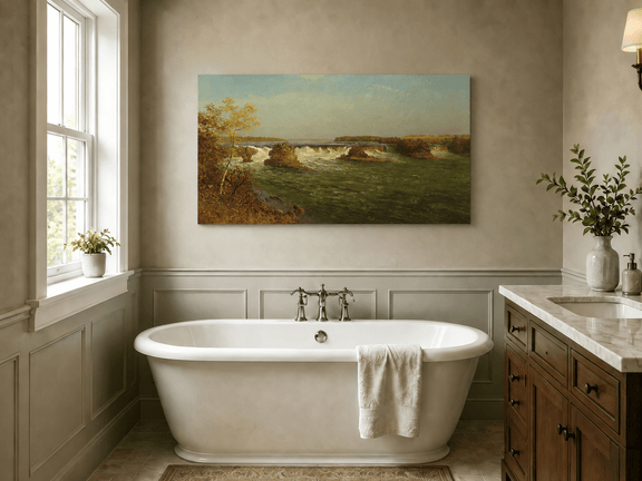 Unframed hand-painted autumn waterfall oil painting with rocky islands and a broad river displayed above a freestanding bathtub.
