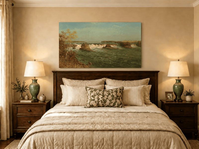 Unframed hand-painted autumn waterfall oil painting with rocky islands and a broad river displayed above a wooden bed in a neutral bedroom.